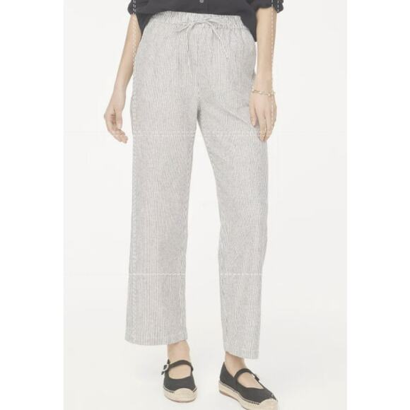 J.Crew Slim Wide Leg Linen Drawstring Pants Womens 14 Black White Striped CG405 - Picture 1 of 8